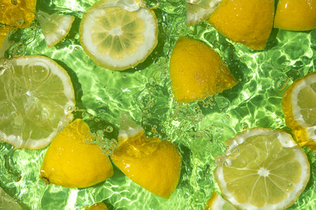 Slices of fresh lemons in water, splash of water, fresh green background, top view.