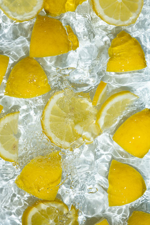 Slices of fresh lemons in water, splash of water, top view.の写真素材