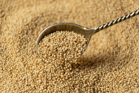 Organic amaranth grains spilling out of spoon close-up.の写真素材
