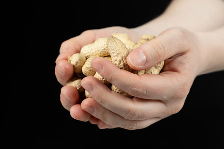 Handful of unpeeled whole peanuts in hands, close-up