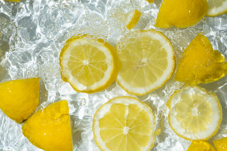Slices of fresh lemons in water, splash of water, top view.の写真素材