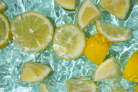 Refreshing turquoise citrus background with floating yellow lemon pieces.の写真素材