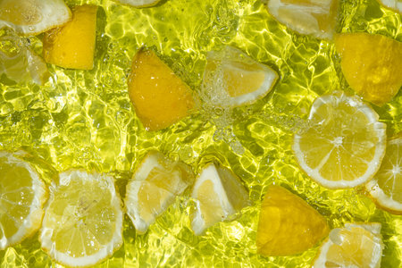 Vibrant yellow lemon pieces floating in motion water.の写真素材