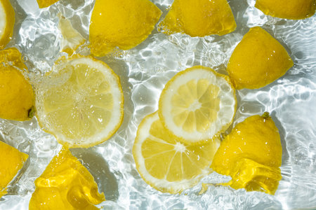 Slices of fresh lemons in water, splash of water, top viewの写真素材