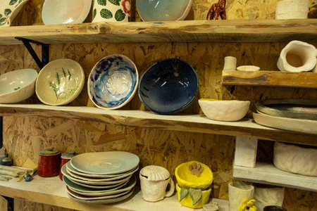 Do-it-yourself clay pottery, various unusual shapes and textures.の写真素材