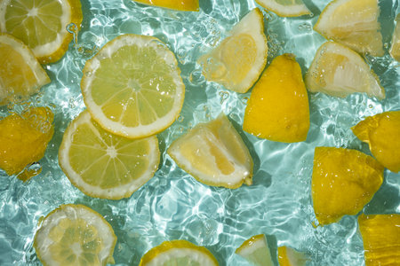 Refreshing turquoise citrus background with floating yellow lemon pieces.の写真素材