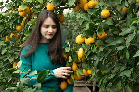 Beautiful 30 year old woman in lemon garden. A walk in nature, feminine energyの写真素材