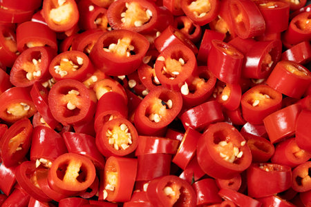 Chopped Fresh Red Hot Chili Close-Up.の写真素材