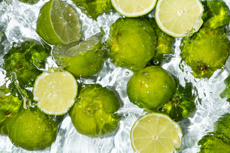 Bright Citrus Background with Limes in Waterの写真素材