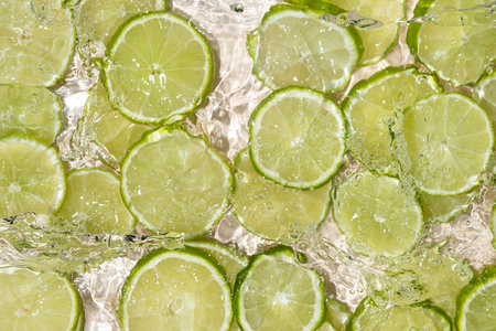 Fresh Limes In Motion. Splashing Water Top Viewの写真素材