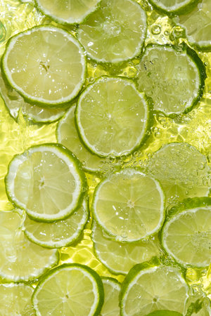 Green Lime Slices. Water Ripple Effectの写真素材