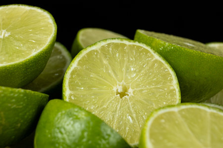 Close-Up of Green Citrus Lime Halves with Juicy Detailの写真素材