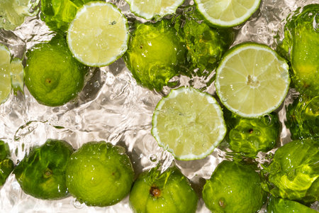 Refreshing Green Limes in Clear Water Top Angleの写真素材