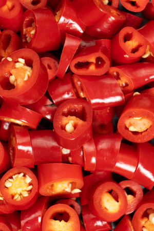 Chopped Fresh Red Hot Chili Close-Up.の写真素材
