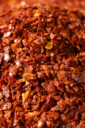 Dried and ground chili flakes intense spice