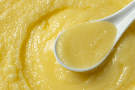 Natural Indian Traditional Ghee Butter Clarified Butter In Spoon Close-Upの写真素材
