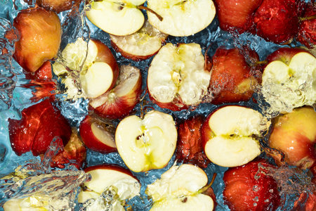 Juicy summer or autumn background. Red apple halves and in waterの写真素材