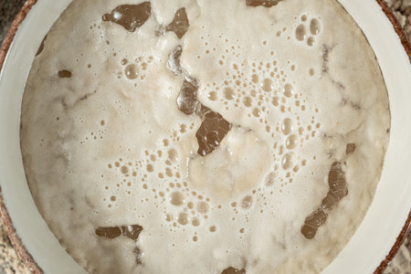 Activation of wet fresh yeast in warm water with sugarの写真素材