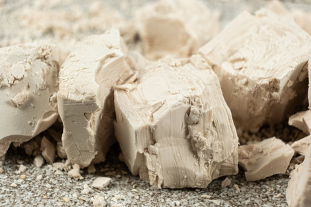 Compressed fresh yeast cubes close-up.の写真素材