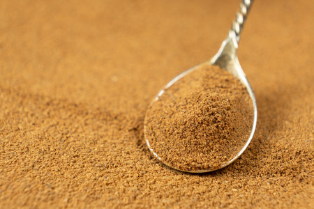 Natural Spice Ground Cinnamon in a Spoon Macro View. Copy Space for Text.の写真素材