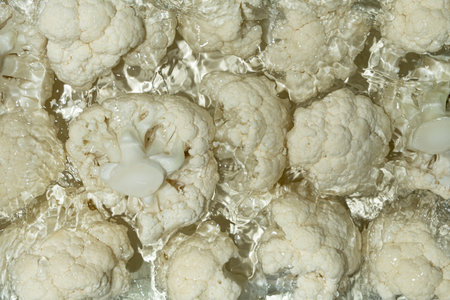 Artistic Cooking Background. Cauliflower in Water Top View, Water Splash.の写真素材