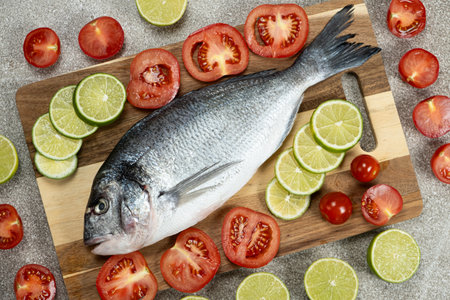 Raw Sea Bream and Lime on Kitchen Counter.の写真素材