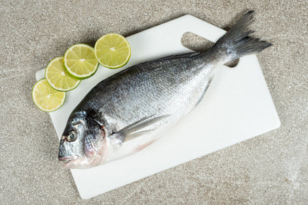 Raw Uncooked Dorado Fish with Fresh Sliced Lime Ready to Cook