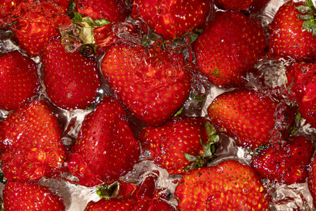 Whole Strawberry Dropped into Water. Splash Effect and Vibrant Summer Lookの写真素材