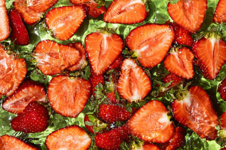 Halves of fresh ripe strawberries in water, summer juicy fruit berry backgroundの写真素材