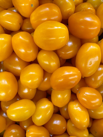 Heap of Ripe Yellow Plum Tomatoes. Natural Food Pattern.の写真素材