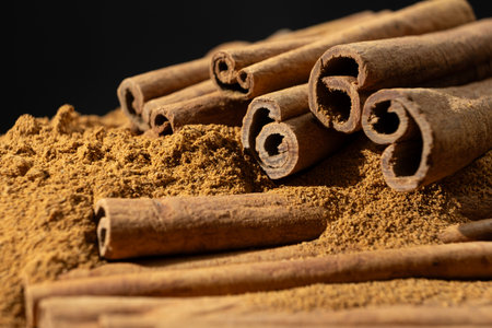 Cassia Cinnamon Sticks and Ground Spice Close-Up.