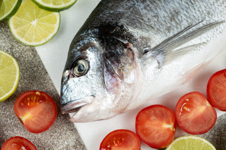 Fresh Whole Dorado Fish with Cut Limes and Tomatoes.の写真素材