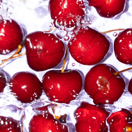 Macro Top View of Sweet Cherry Burst in Water
