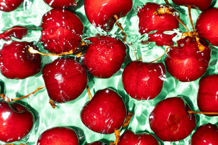 Ripe red sweet cherry in water close-up top view