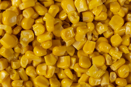Sweet Canned Corn Close-Up Macro Texture Detail Top View.
