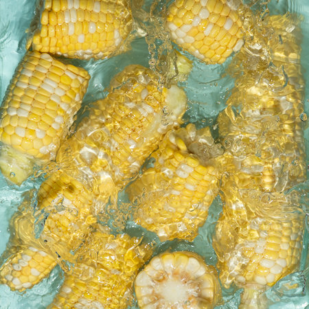 Fresh corn cobs splashing in water top view