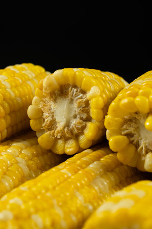 Cooked Corn Cob on Black Background Macro.