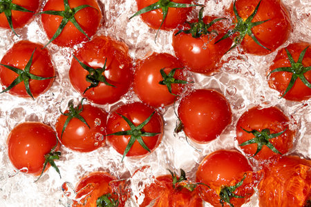 Water Burst Around Fresh Tomatoes Overhead Angleの写真素材