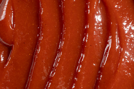 Macro texture of ketchup, natural traditional tomato sauce, top view, culinary background.の写真素材