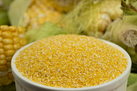 Close-up of raw uncooked gluten-free corn gritsの写真素材