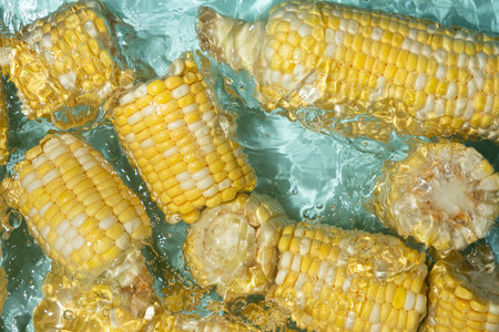 Fresh corn cobs splashing in water top viewの写真素材