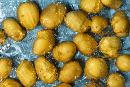 Whole Organic Raw Potatoes In Water Top View, Splash And Ripplesの写真素材