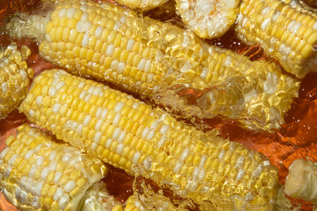 Fresh corn cobs splashing in water top viewの写真素材
