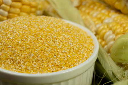 Close-up of raw uncooked gluten-free corn grits