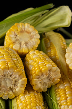 Close-up view of fresh raw corn cobs ready for cooking