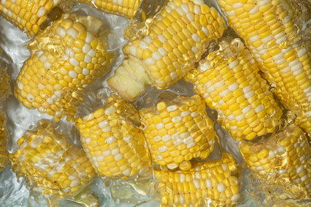 Splashing Fresh Corn Cobs in Water Closeup