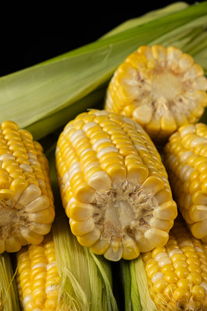 Close-up pile of fresh ripe corn cobs