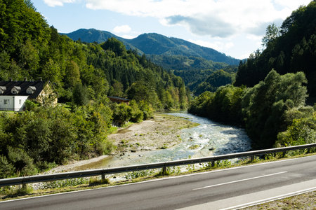 Modern Road in the Alps, Concept of Nature and Technology Harmony.の写真素材