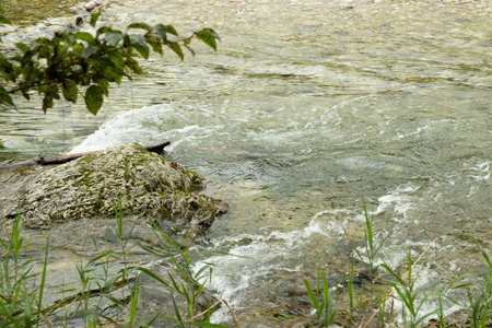 Close-up of a turbulent mountain river with a rocky bottom and shore.