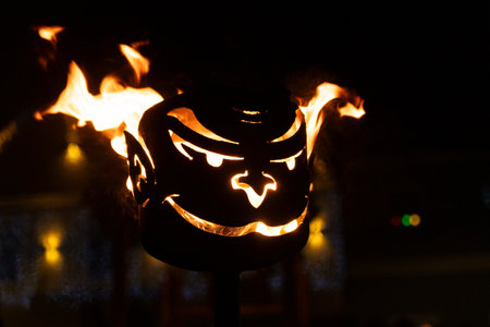 Krampus Festival Decoration. Scary Mask with Real Fire Flame.の写真素材